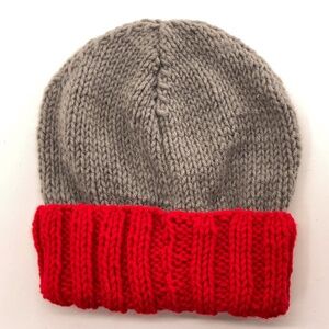 Gray with Red Cuff Home Knit Winter Kids Hat